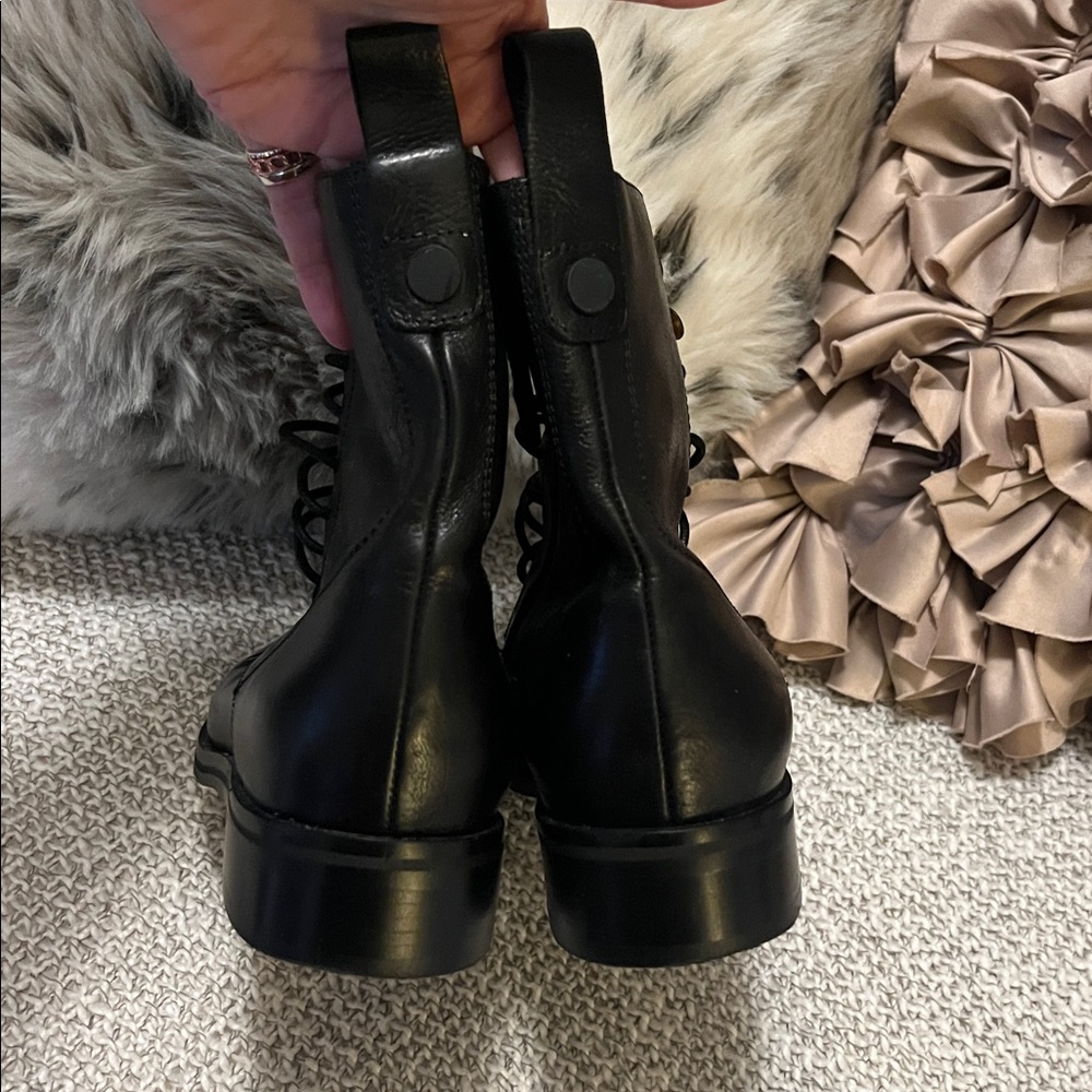 Coupe De Foundre Black Leather Lace-Up Zipper Moto Combat Boots - Picture 5 of 11